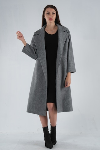 Feminist Gri Önden Düğmeli Oversize Örme Kaşe Kaban 0108068