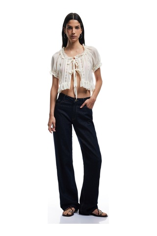 Koton Dantel Detaylı Kısa Balon Kollu Bağlamalı Fiyonklu Crop Bluz Ekru 5sal60131ıw Ekru