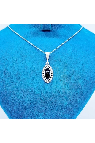 Mekik Model Zirkon Ve Oltu Taşı İşçilikli 925 Ayar Gümüş Kolye Siyah