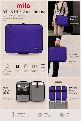 Mila 3in1 Serisi Mlk143 13,14 İnch Uyumlu Tablet, Laptop El Ve Omuz Çantası - Mor