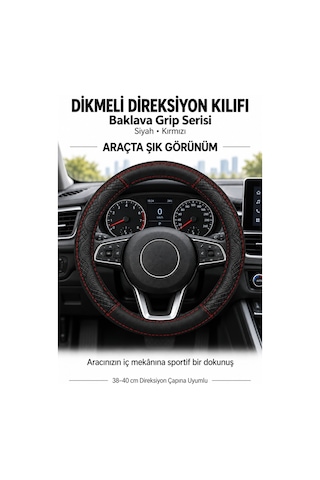 Trobus Volkswagen Caddy 2021-2023 Uyumlu Dikmeli Direksiyon Kılıfı Baklava Grip Siyah Kırmızı