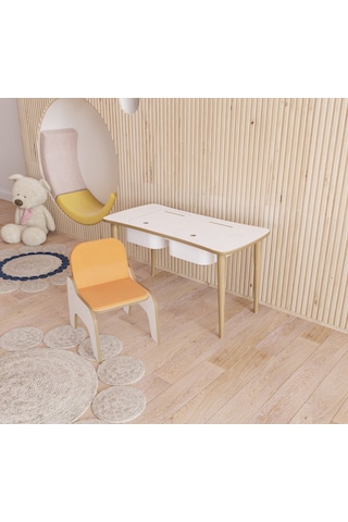 Fahrettin Küçük Montessori Çocuk Masası Oyun Masası Aktivite Masası Çalışma Masası - Puf Koltuklu Turuncu