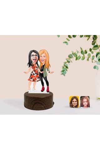 Kişiye Özel Kız Kardeş Karikatürlü Dekoratif 3D Biblo Led Işıklı