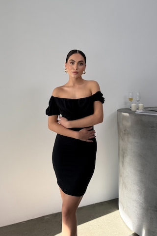 Msm Fashion Kadın Elbise Mini Yazlık Kısa Kollu Yaka Detaylı Esnek Bodycon Elbise Siyah