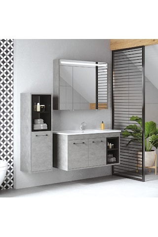Denko Latte 100 Cm Mdf Retro Gümüş Banyo Banyo Dolabı Takımı + Boy Dolabıol Gümüş