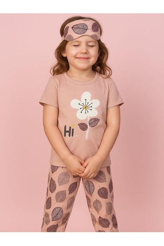 Kız Çocuk Pamuklu Kısa Kol Çiçek Desenli Pijama Takım Uyku Bandı Dahil -16034 Pembe