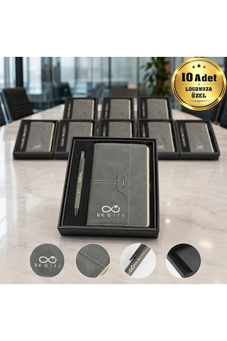 Logonuza Özel 10 Adet 2430-k Termo Deri Defter, Metal Kalem Ve Kutulu Kurumsal Hediye Seti Gri
