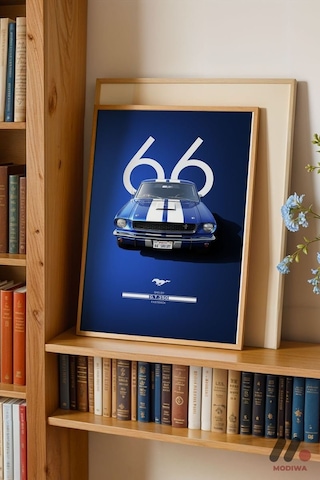 Ford Mustang 1966 Mavi Poster, Ahşap Çerçeveli Duvar Tablosu - Oto Severlere Özel Hediye