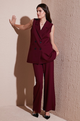 Lela Oversize Fit Mono Yaka Kolsuz Düğmeli Ceket Bayan Yelek 6521177 Bordo