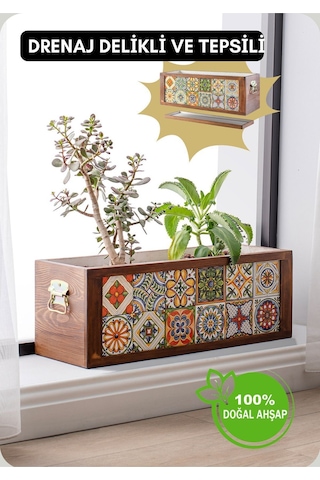 Halohope El Yapımı 6x2 Çinili Dekoratif Modern Ahşap Dikdörtgen Bahçe Balkon Saksı Saksılık Çiçeklik