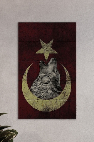 Doğal Taş Tablo Türk Bayrağı Ve Bozkurt - Duvar Dekoru, Salon Tanlosu 30x50cm