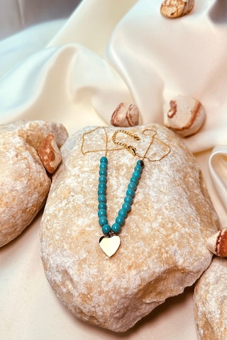 Turkuaz Doğal Taşlı Kalp Tasarım Gold Altın Renk Kadın Paslanmaz Çelik Zincir Kolye