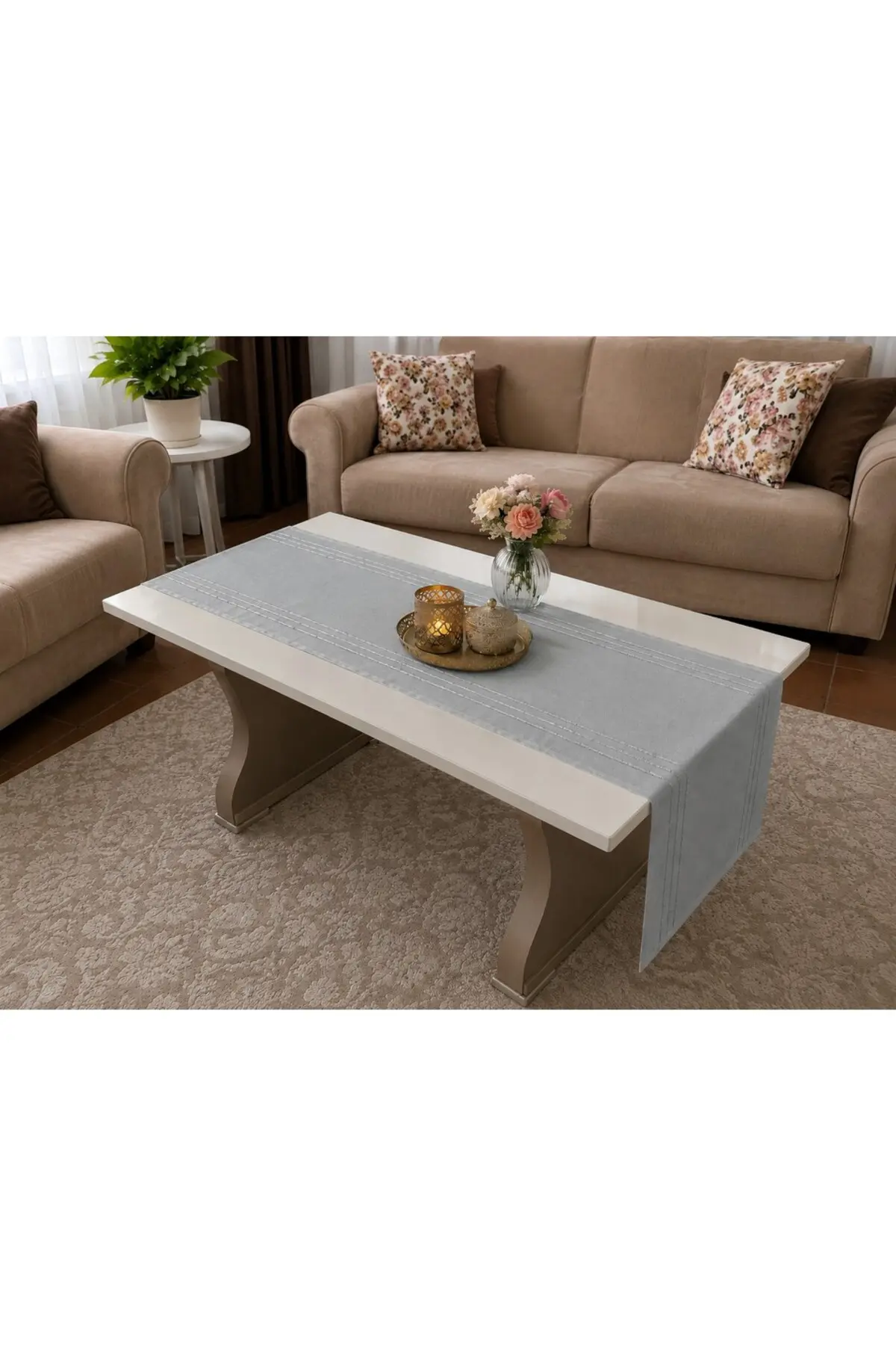 %100 Polyester Dertsiz Leke Tutmaz Şerit Desenli Runner Masa Örtüsü 34x200 Cm Gri