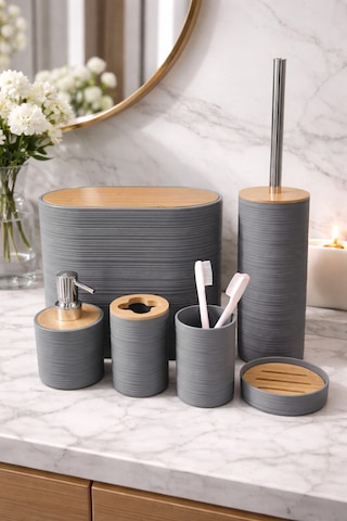 Makri Home 6 Parça Gri Banyo Seti, Bambu Detaylı, 8l Çöp Kovası 24x26x16 Cm