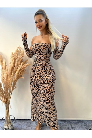 Pink Life Nude Tül Üzeri Flog Baskılı Leopar Desenli Kolluklu Midi Elbise Nude