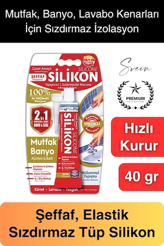 Premium 40 Gr Üniversal Sızdırmaz Şeffaf Tüp Silikon Mutfak Banyo Küvet Kenarı Elastik İzolasyon