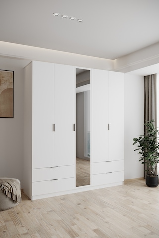 Evdemo Yakut Aynalı 5 Kapaklı 4 Çekmeceli Gardırop 210 Cm Beyaz