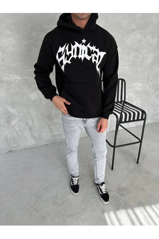 Veraura Lifestyle Unisex Üç İplik Kapşonlu Baskılı Sweatshirt - Siyah