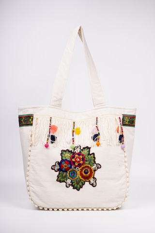 Fabric Craft Bag Omuz Çantası Bohem Nakışlı Püsküllü Pamuklu Krem 45x35 Krem