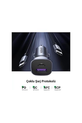 Ugreen 30w Qc Pd Alüminyum Araç Çakmaklık Şarj Cihazı 1xusb-c, 1xusb-a, Gri, 40858