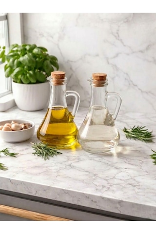 450 Ml 2 Li Cam Yağdanlık Seti Mantar Kapaklı Şeffaf Sirkelik Zeytinyağı Şişesi Ergonomik Tasarım Şeffaf