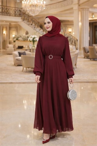 Neşeli Butik Kadın Bordo Tül Kumaş Kemer Detaylı Büyük Beden Tesettür Elbise Nbft006 Bordo