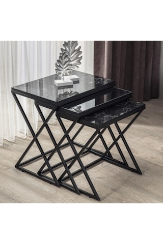 Venedik Siyah Metal Ayaklı, Mermer Desenli Mdf'Li Zigon Sehpa