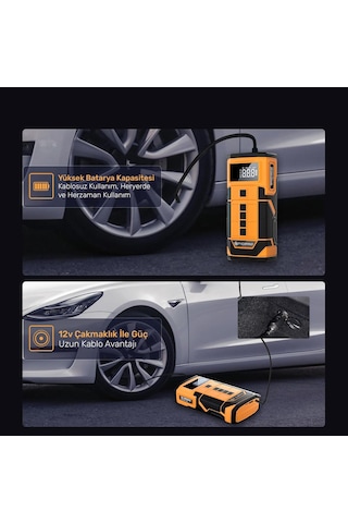 Npo A5577 Kablolu/kablosuz 8000mah Şarjlı Taşınabilir Araç Akü Takviyeli, Powerbank Destekli Reflektör Ledli 5in1 Oto Hava Pompası