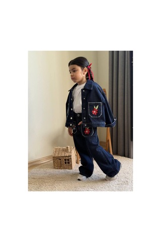 Toikids Kız Çocuk Nakış İşlemeli 3 Parçalı Kot Takım Lacivert