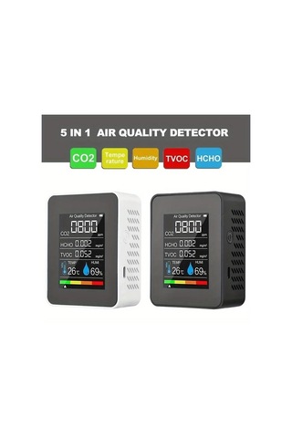 Boatshop1 5 İn 1 Hava Kalite Monitörü Pm2 5 Pm10 Hcho Tvoc Co2 Dedektörü Gerçek Zamanlı Usb Şarjlı Pil Renkli Lcd Ekran Siyah