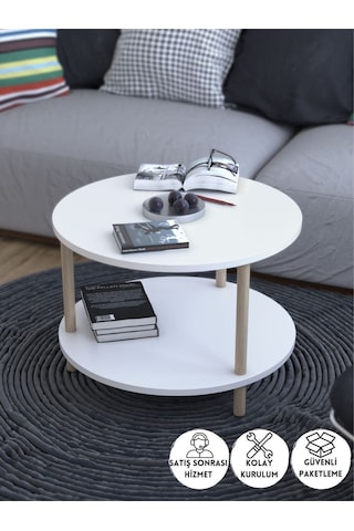 Yuvarlak Orta Sehpa Ahşap Ayaklı Sehpa Iki Raflı Sehpa Dekoratif Sehpa Gazetelikli - Beyaz - 60cm Beyaz