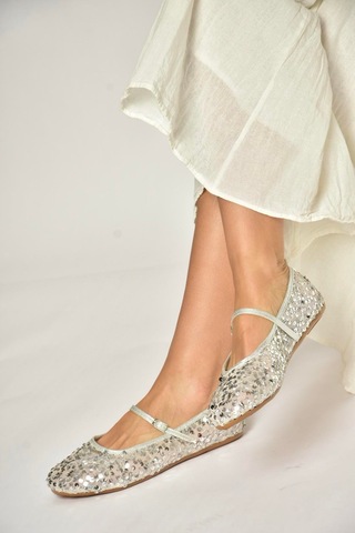 Fox Shoes Y250322040 Gümüş Kumaş Pullu Kadın Babet Gümüş