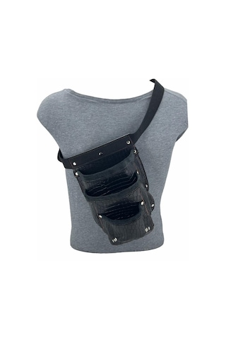 Hakiki Deri Kroko Cepli Tekniker Çivi Önlüğü Bel Çantası Siyah