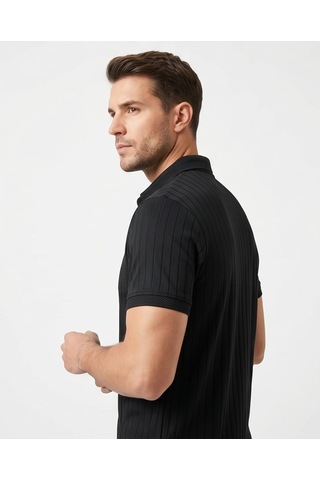 Özeniş Erkek Polo Yaka Slim Fit Çizgili Desen Kaşkorse T-shirt Siyah