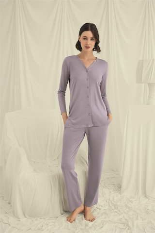 3dsepetim Uzun Kollu Boydan Düğmeli V Yaka Pijama Takımı Grı