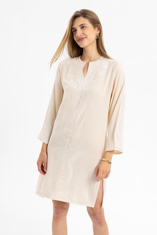 Krem İşlemeli Uzun Kollu Astarsız Pamuklu Kısa Elbise-krem Krem