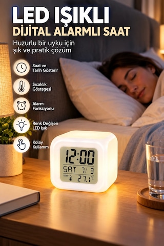 Dekoratif Küp Saat Led Işıklı Dijital Saat Alarm Ve Sıcaklık Özellikli