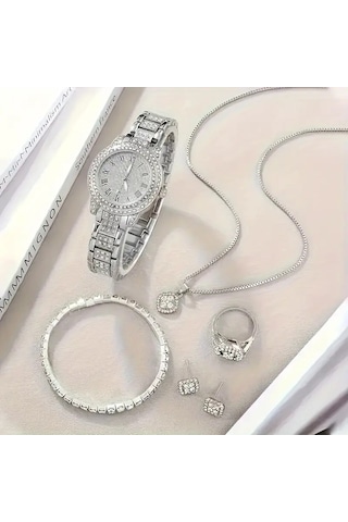 Elegant Saat İle Kolye+küpe+yüzük+bileklik 6 Parça Takı Seti