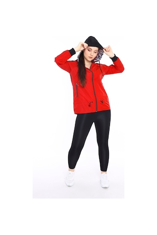 Escetic Kırmızı Kadın Spor Kapişonlu Su İtici Rüzgarlık Fermuarlu İnce Ceket 6560-4153-kırmızı Kırmızı