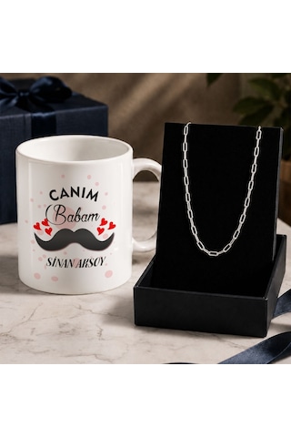 Bk Gift Kişiye Özel Babalar Günü Tasarımlı Beyaz Kupa & Ataç Zincir Kolye -3, Babalar Günü Hediyesi Gümüş