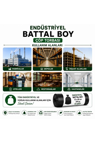 Endüstriyel Çöp Torbası Battal Boy 72x95 Cm 30 Adet 3 Rulo Sızdırmaz Kalın 300 Gram