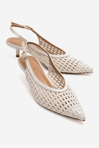 Luvishoes Orelıs Beyaz Örgü Desenli Kadın Kısa Topuklu Ayakkabı Beyaz