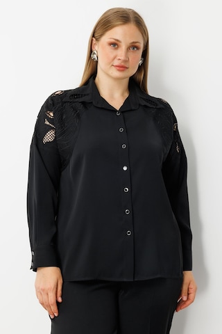 Moda İlgi Kadın Büyük Beden Nakış Detaylı Oversize Gömlek 0041 Siyah Siyah