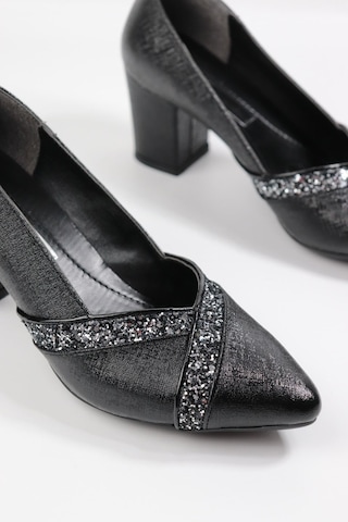 De Scarıo 642 Kadın Simli Detaylı Sivri Burun Kalın Topuklu Ayakkabı Siyah