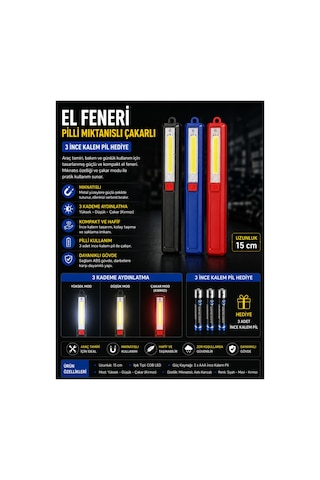 Pilli Mıknatıslı Çakarlı Led El Feneri 15 Cm 3 Kademe Aydınlatma 3 Adet Aaa Pil Hediye Siyah - 899228553 Siyah