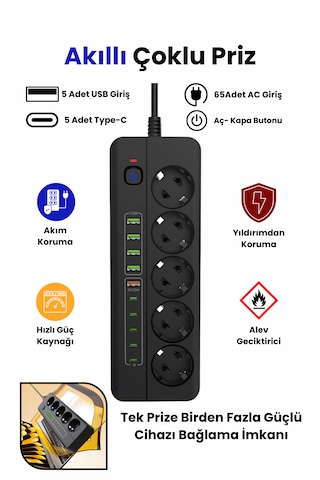 Pro P13 Siyah 3000w Akım Korumalı 5 Girişli Type-c Ve Usb Girişli Uzatmalı Grup Priz 0.2 M