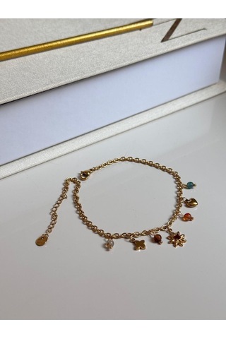 Renkli Taşlı Çiçek Kalp Figürlü Altın Renk Charm Kadın Halhal Altın