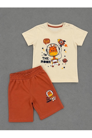 Durukoza Erkek Bebek Astronot Baskılı Şortlu Takım Omuz Düğmeli Yazlık Bebek Takımı 1-4 Yaş Kahverengi
