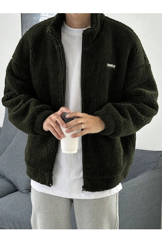 Genius Store Oversize Tam Fermuarlı Kuzu Sweatshirt İçi Polarlı Sherpa Kumaş Sweatshirt Haki
