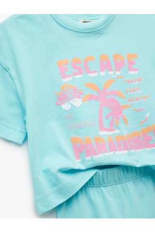 Koton Bisiklet Yaka Kısa Kollu Pamuklu Baskılı Tişört Ve Tayt Seti Turkuaz 5skg10148ak Turkuaz